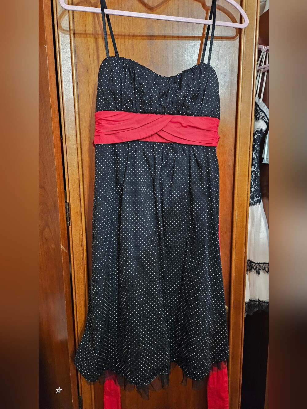 Ruby Rox black Polka Dot Spaghetti Strap Dress with Red Waistband
